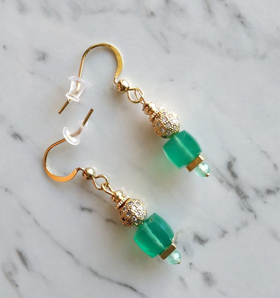 Thumbnail: Natural Gem Green Onyx Earrings 14 K Gold Plated Brass 