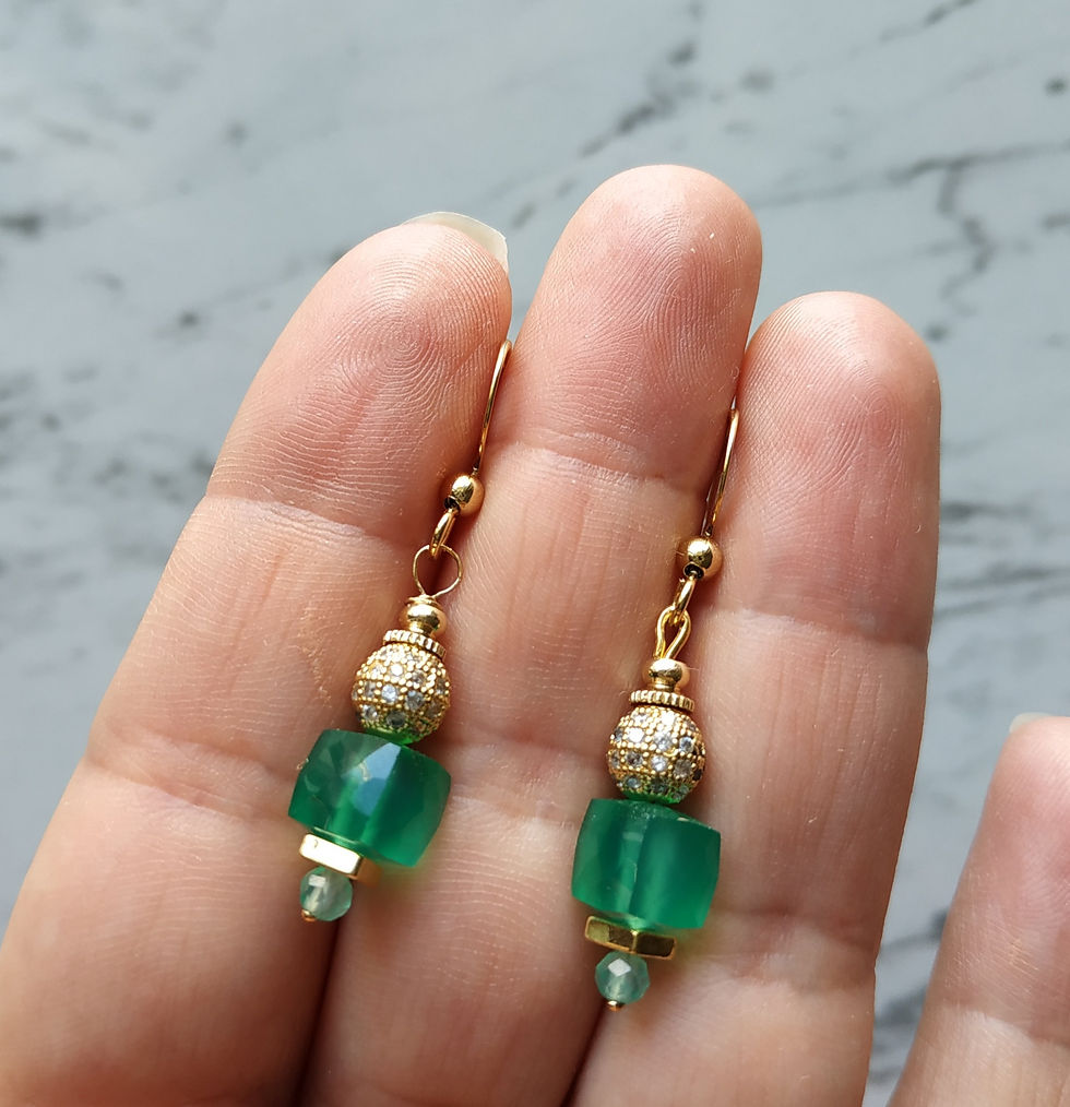 Thumbnail: Natural Gem Green Onyx Earrings 14 K Gold Plated Brass 
