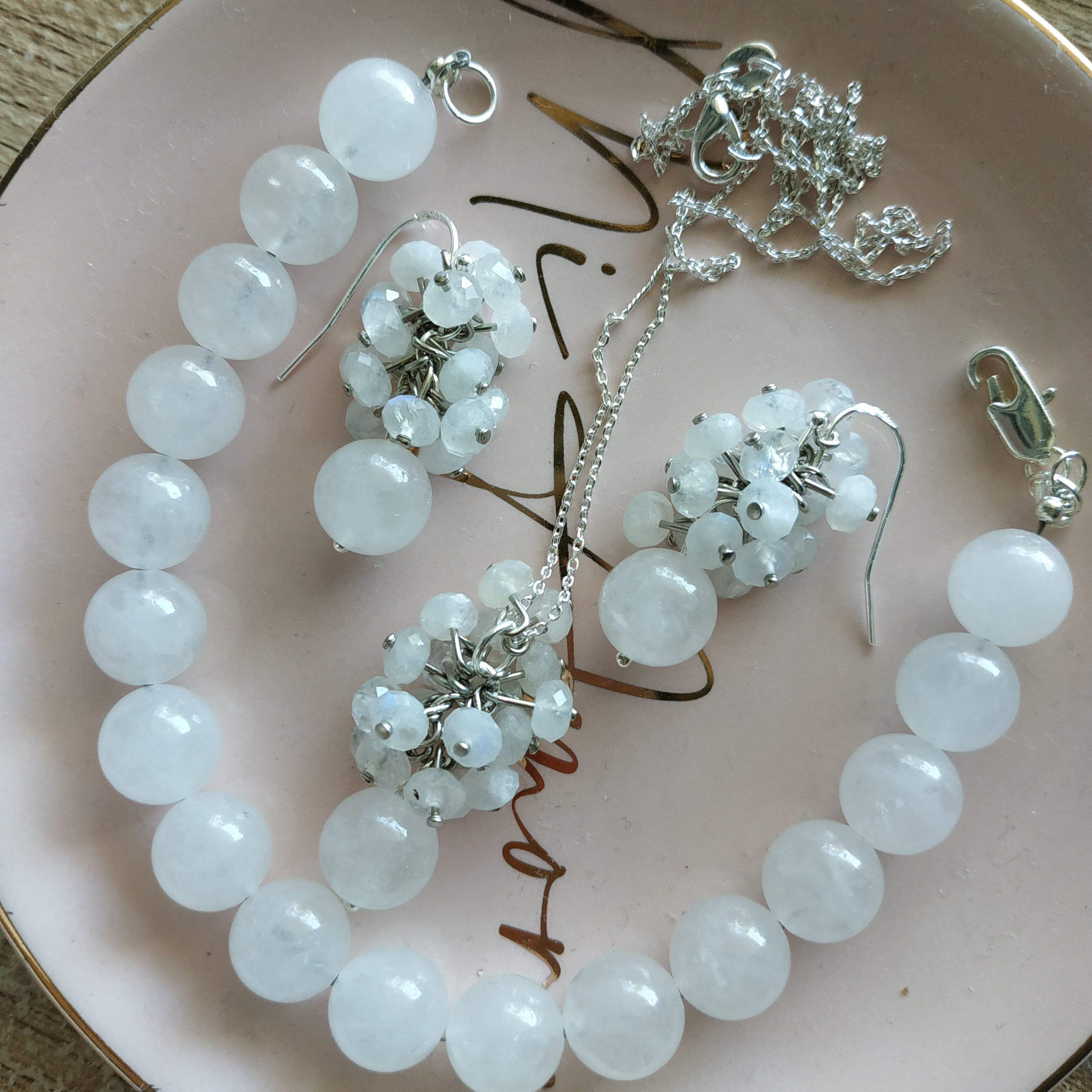 Natural Gem Blue Fire Moonstone and White Jade, 925 Sterling Silver