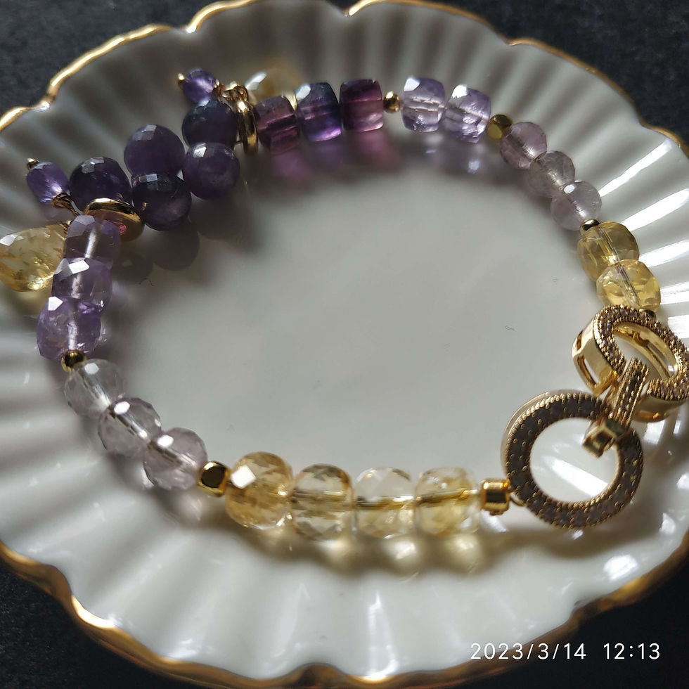 Thumbnail: Natural Gem Amethyst, Citrine and  Fluorite Bracelet 14 K Gold Plated 