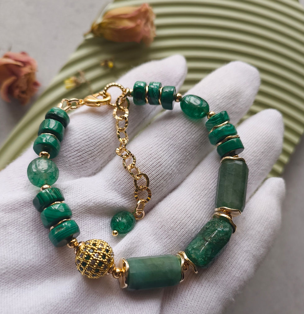 Thumbnail: Customer order-  Emerald & Malachite Bracelet, 14 K Gold Plated Brass 