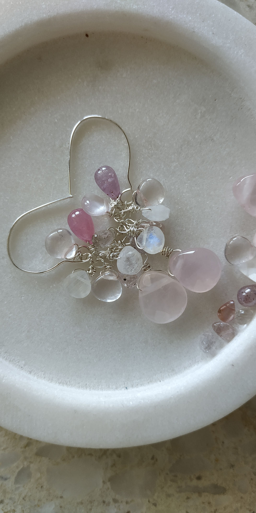 Thumbnail: Natural Gem Pink Quartz and Fire blue Moonstone Earrings -$925 Sterling Silver 