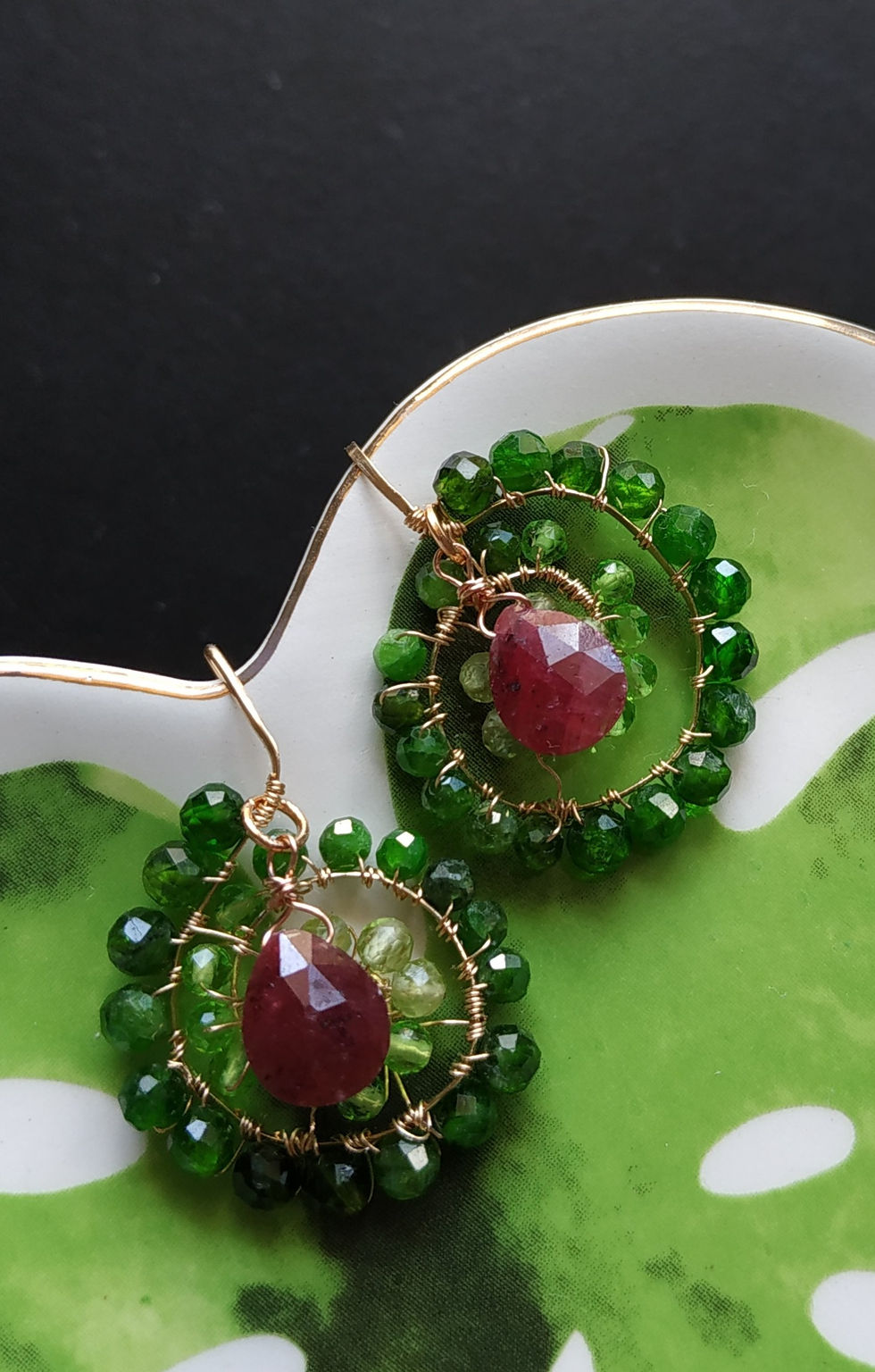 Natural Gem Chrome Diopside and Ruby Earrings, 14 k Gold Filled