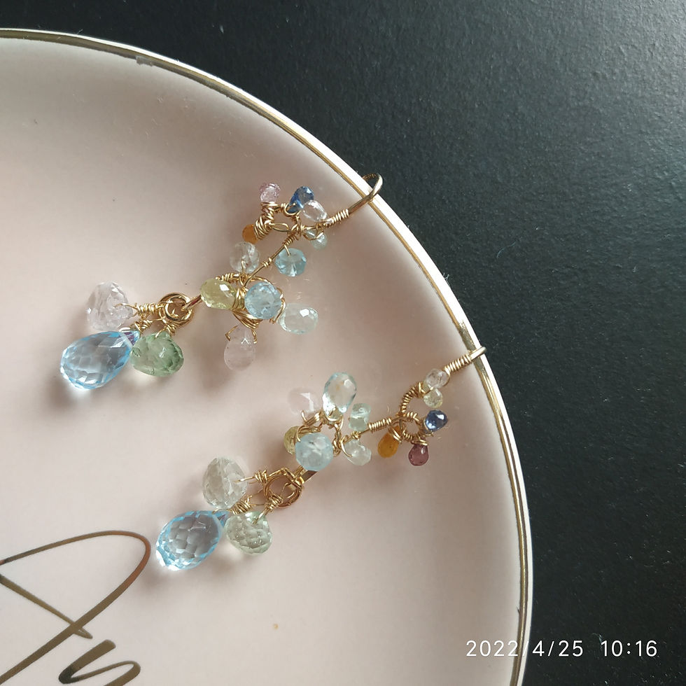 Natural Gem Aquamarine and Sapphire Earrings and Pendant, 14 k Gold