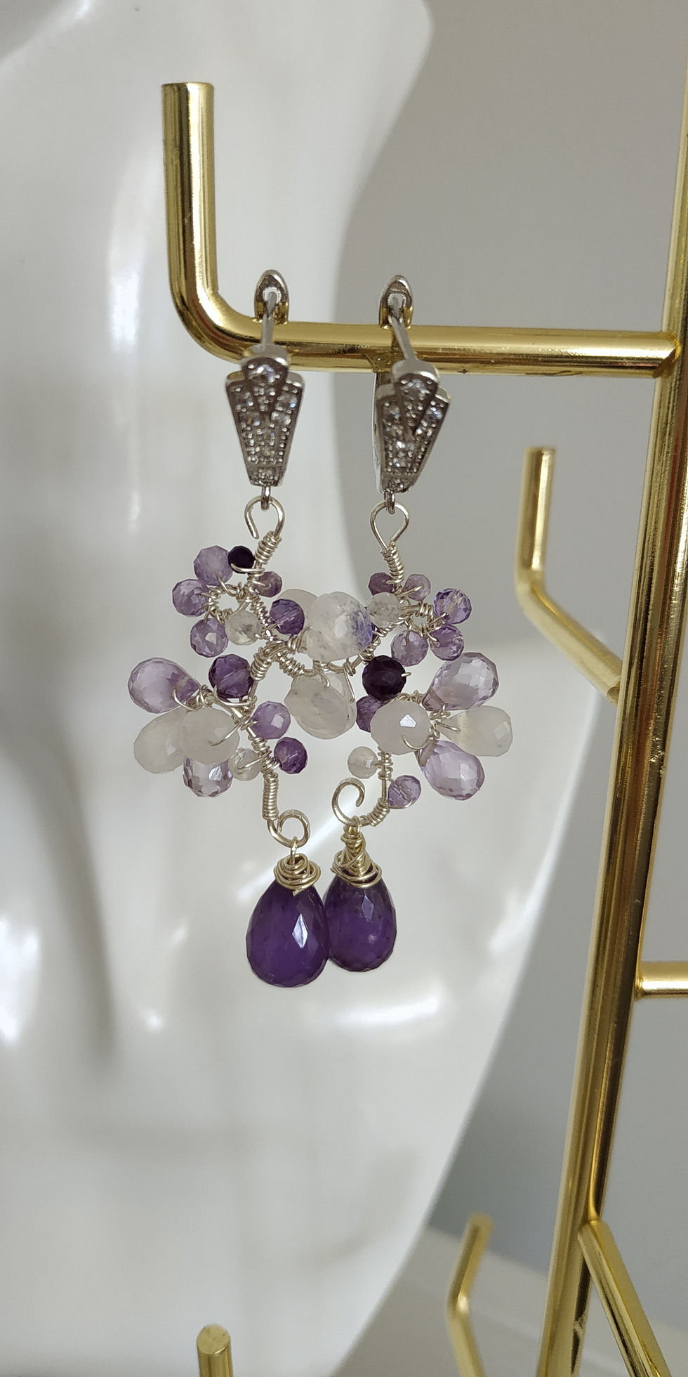 Thumbnail: Natural Gem Amethyst and Moonstone Drop Earrings, 925 Sterling Silver