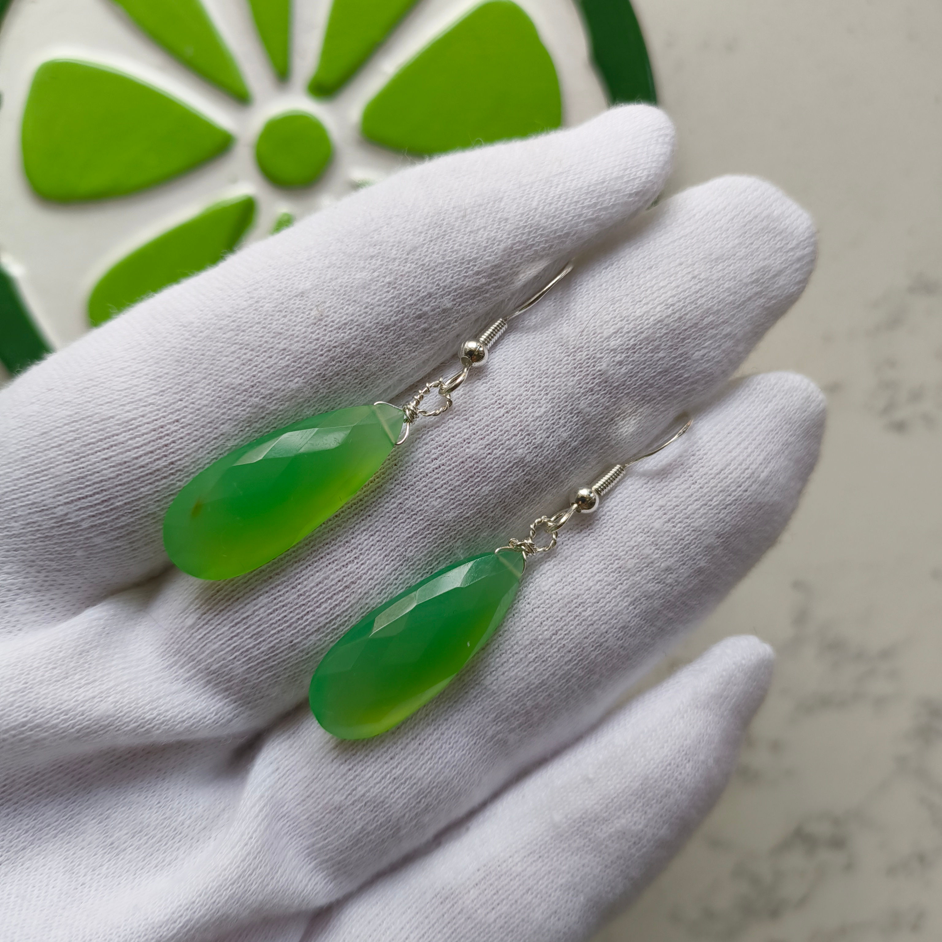 Natural Gem Chrysoprase Chalcedony Earrings, sterling silver