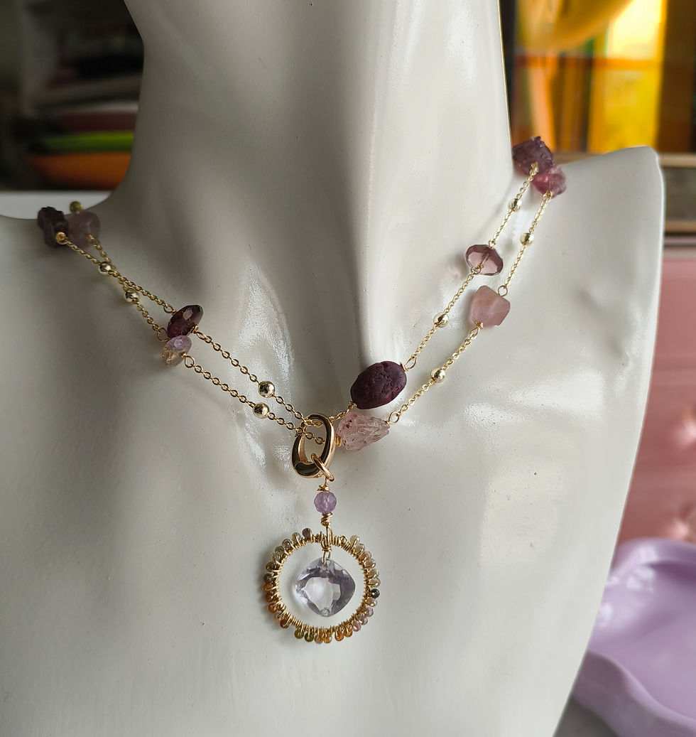 Thumbnail: Natural Gem Pink Amethyst and Multi Spinel Necklace 14 K Gold Filled 