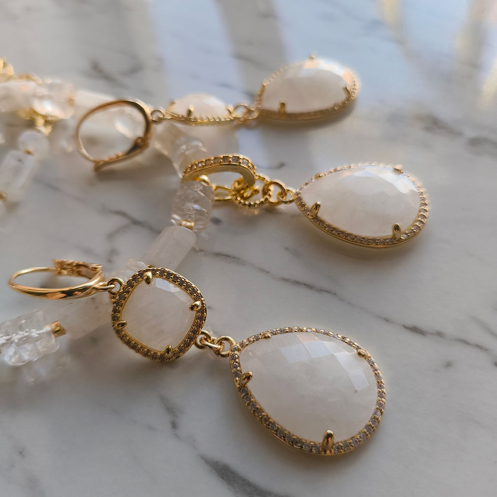 Natural Gem White Jade and Moonstone Earrings and Necklace, 14 K Gold Filled