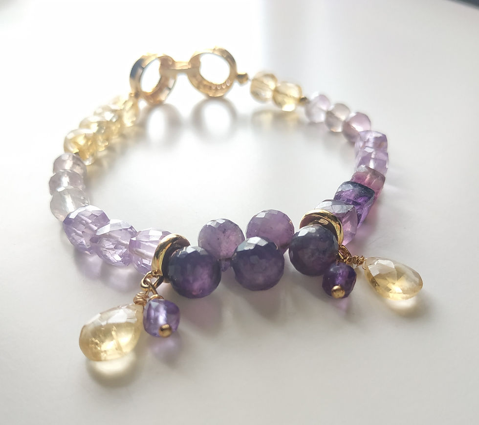 Thumbnail: Natural Gem Amethyst, Citrine and  Fluorite Bracelet 14 K Gold Plated 