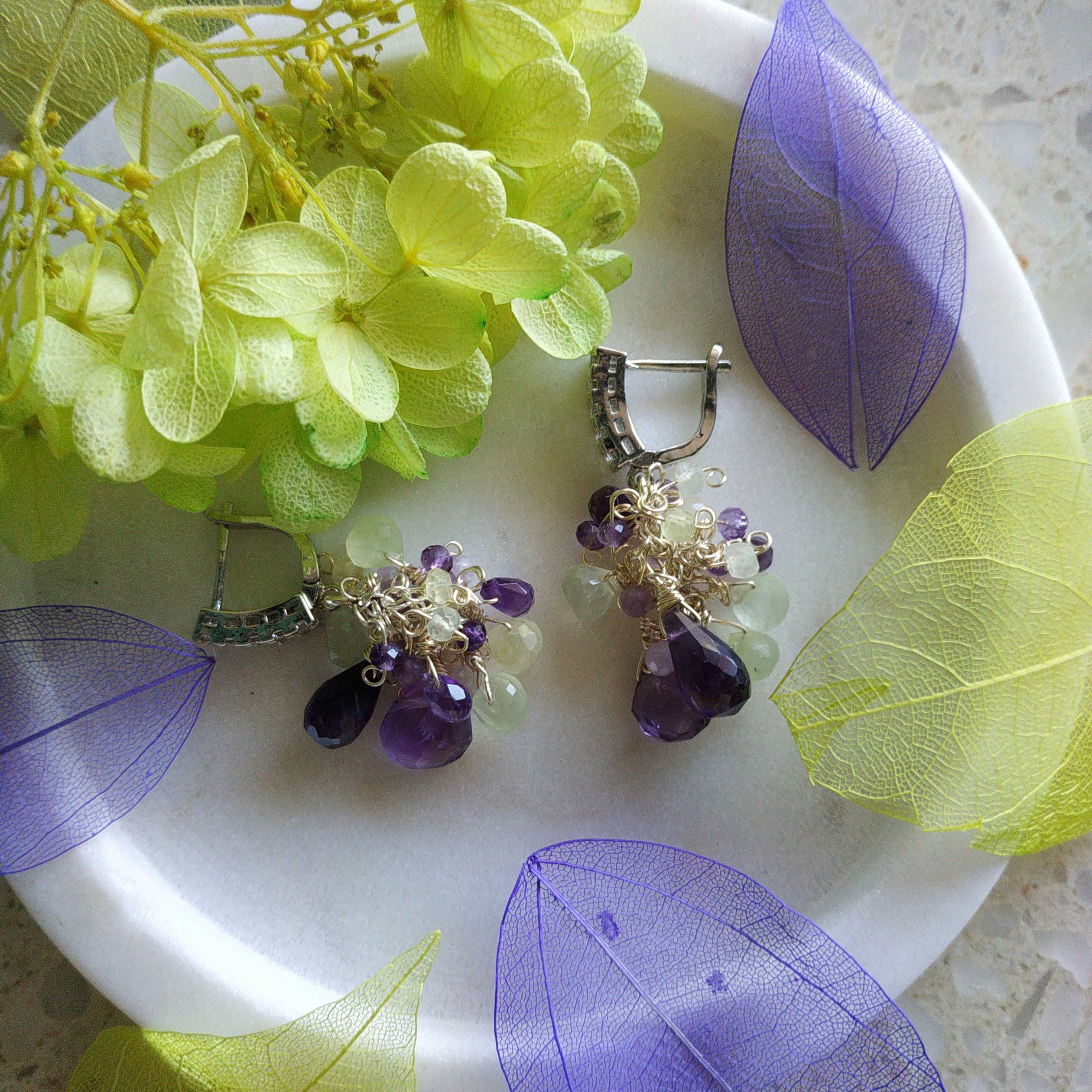 Amethyst and Prehnite Dangle Cluster Earrings - Purple and Light Lemon Green, 92