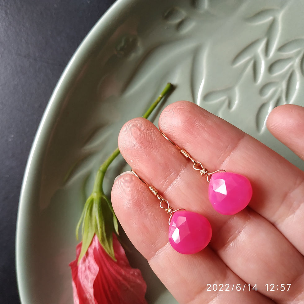 Thumbnail: Natural Gem Hot Pink Chalcedony Earrings 14 k Gold Filled for wire and 9