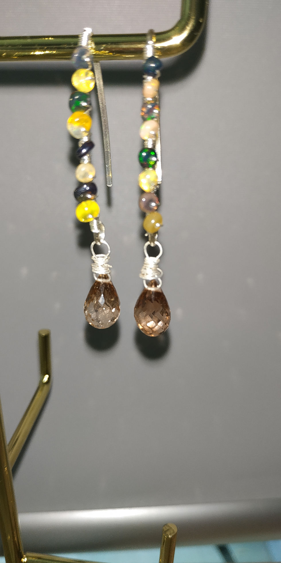 Thumbnail: Natural Gem Brazilian Imperial Topaz Faceted and Black & Gold Opals Earrings