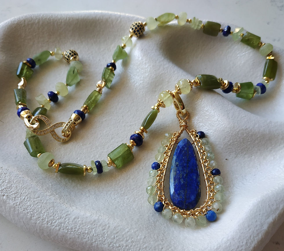 Thumbnail: Natural Gem Vesuvianite and Lapis Lazuli Necklace, 14 K 
