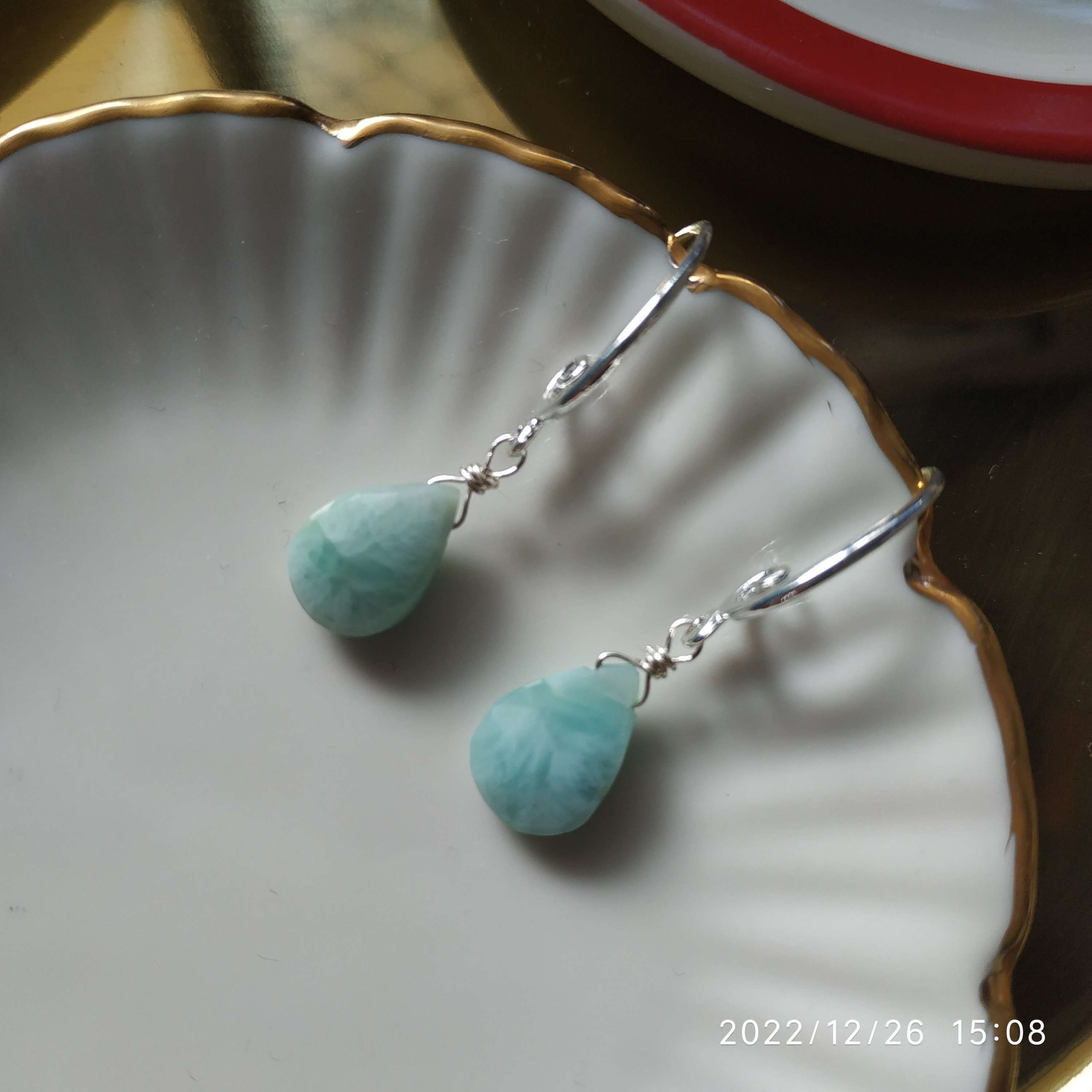 Natural Gem Larimar Earrings 925 Sterling Silver 