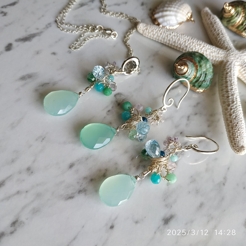 Thumbnail: Natural Blue Topaz, Aqua Chalcedony Earrings and Pendant, 925 Sterling Silver