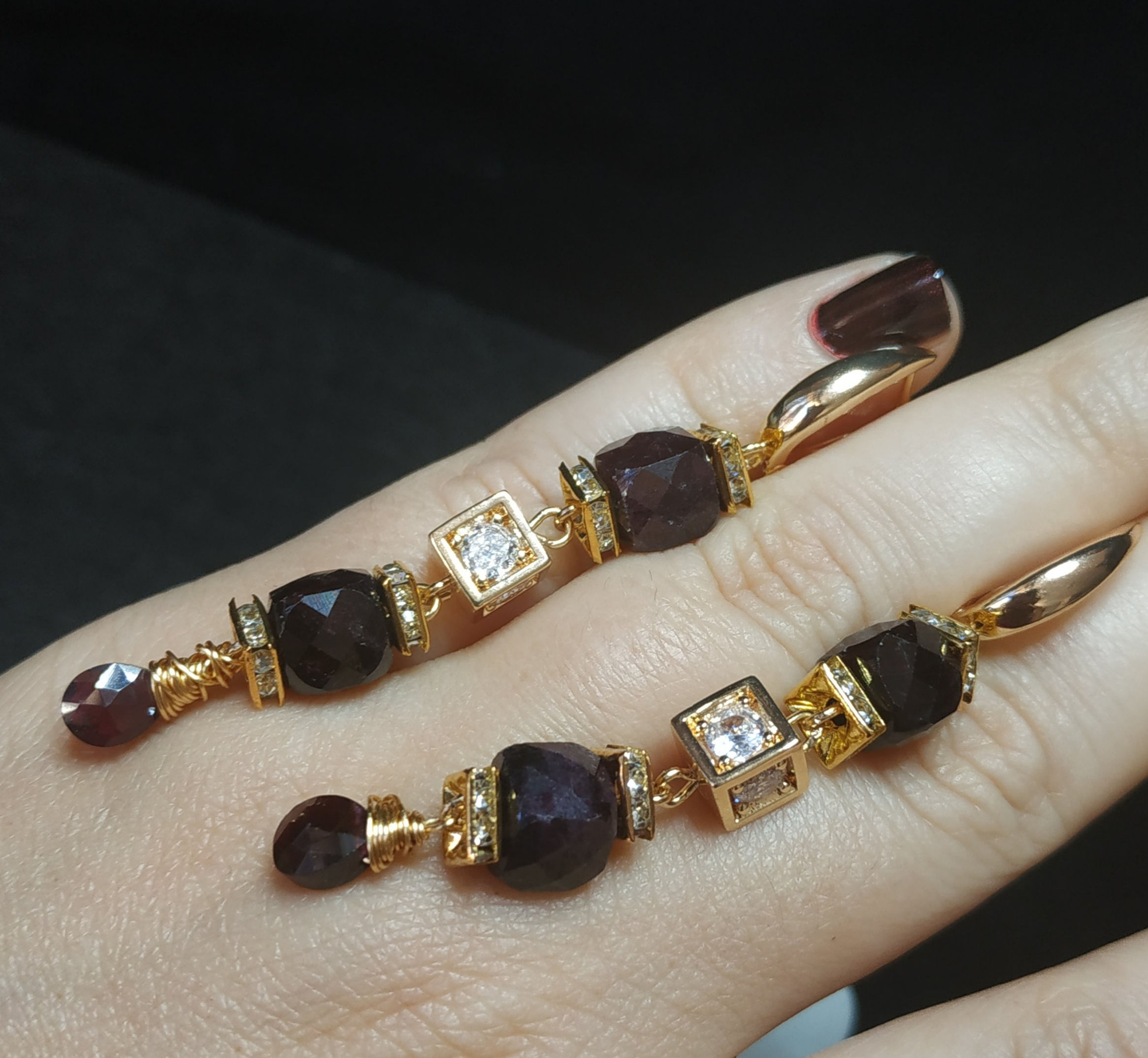 Natural Gem Garnet Earrings 14 K Gold Plated Brass 