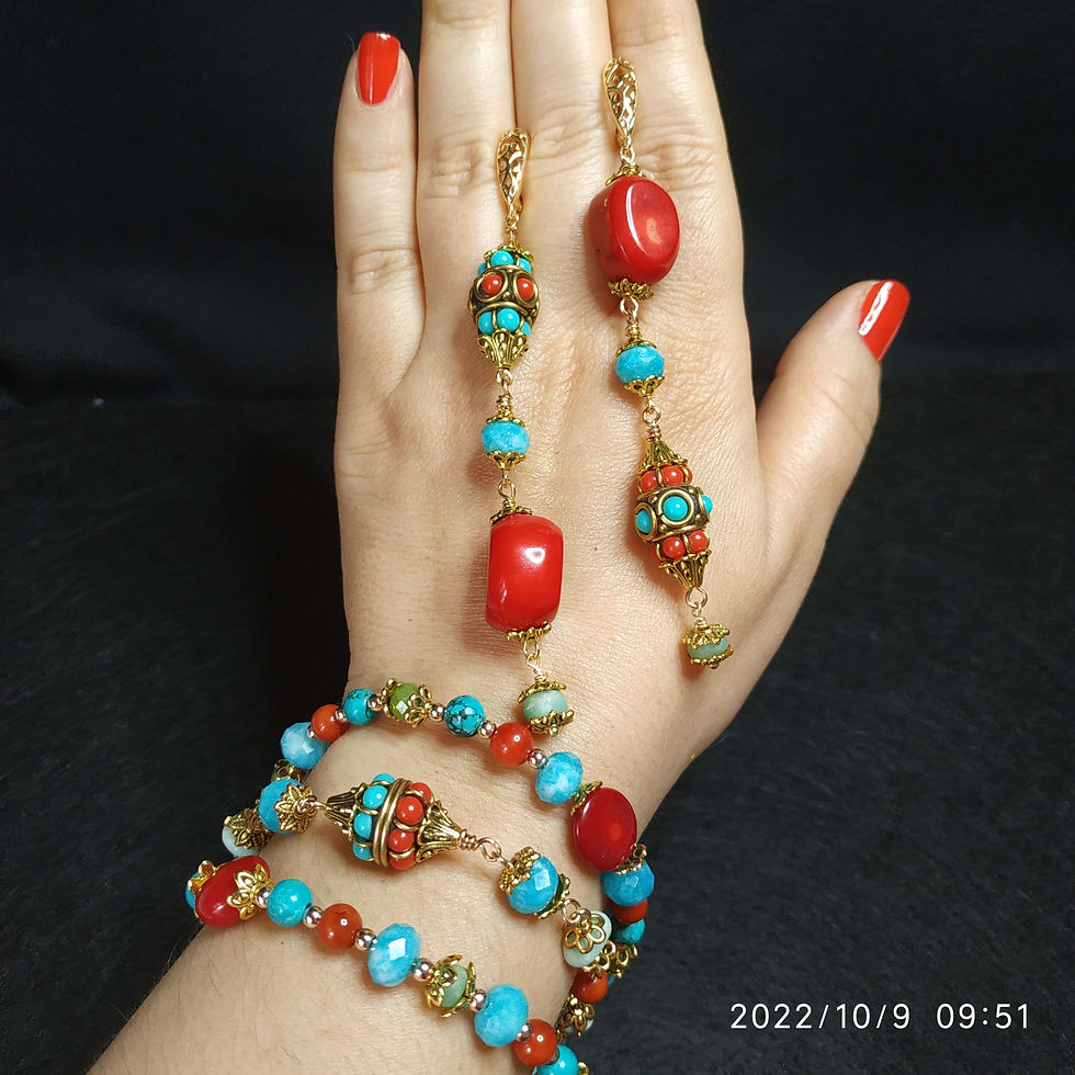 Natural Gem Coral, Amazonite, Chrysoprase Earrings and Bracelet14 K Gold Plated