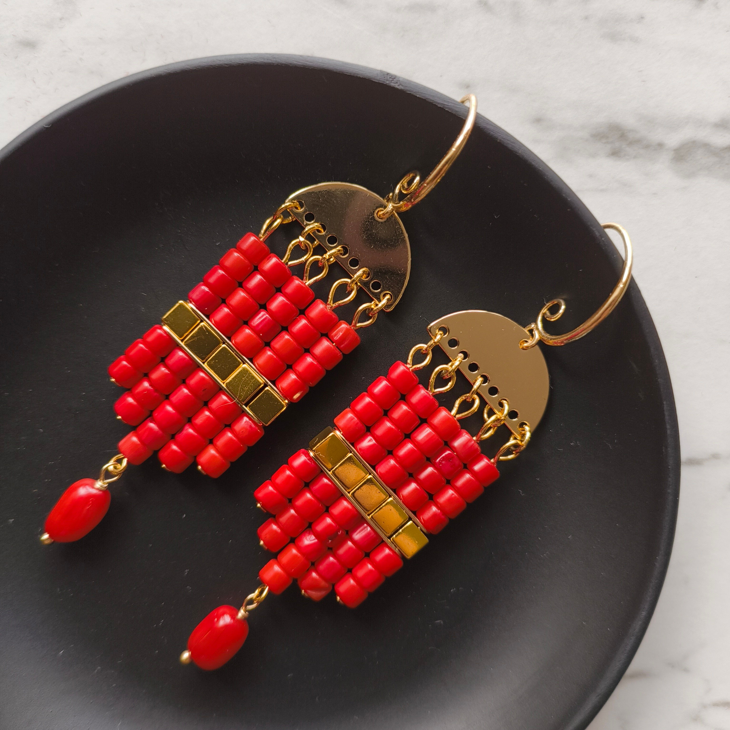 Natural Gem Dyed Coral Earrings, Gold plated Brass 