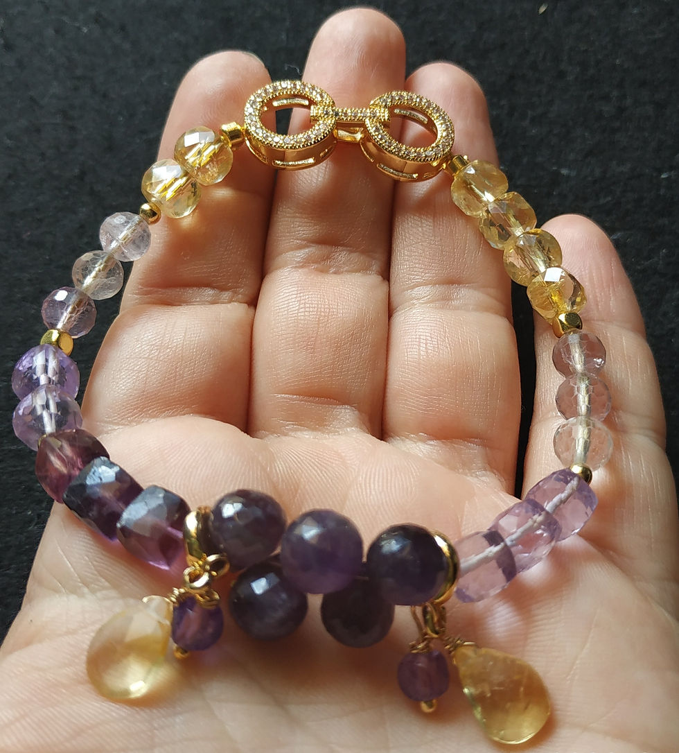 Thumbnail: Natural Gem Amethyst, Citrine and  Fluorite Bracelet 14 K Gold Plated 