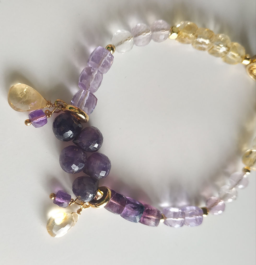 Thumbnail: Natural Gem Amethyst, Citrine and  Fluorite Bracelet 14 K Gold Plated 