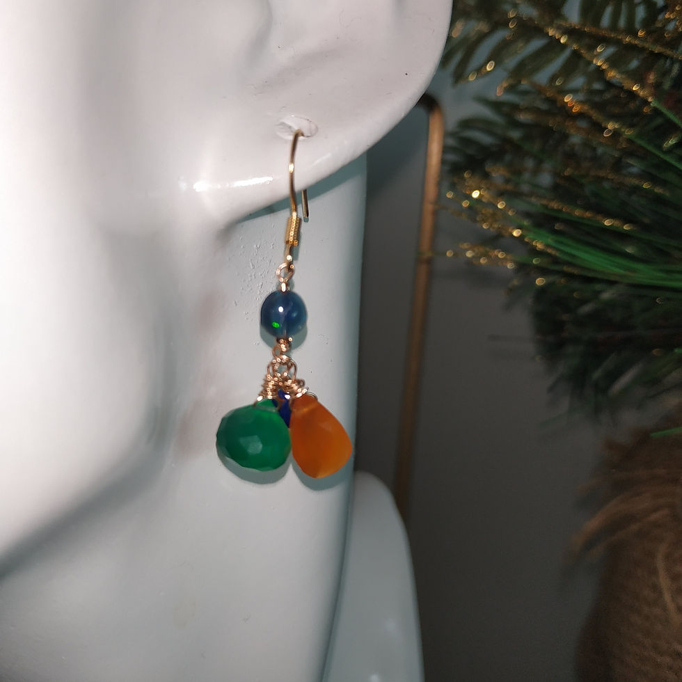 Thumbnail: Natural Gem Green Onyx, Lapis lazuli, Carnelian and Opals Earrings, 14 k Gold F