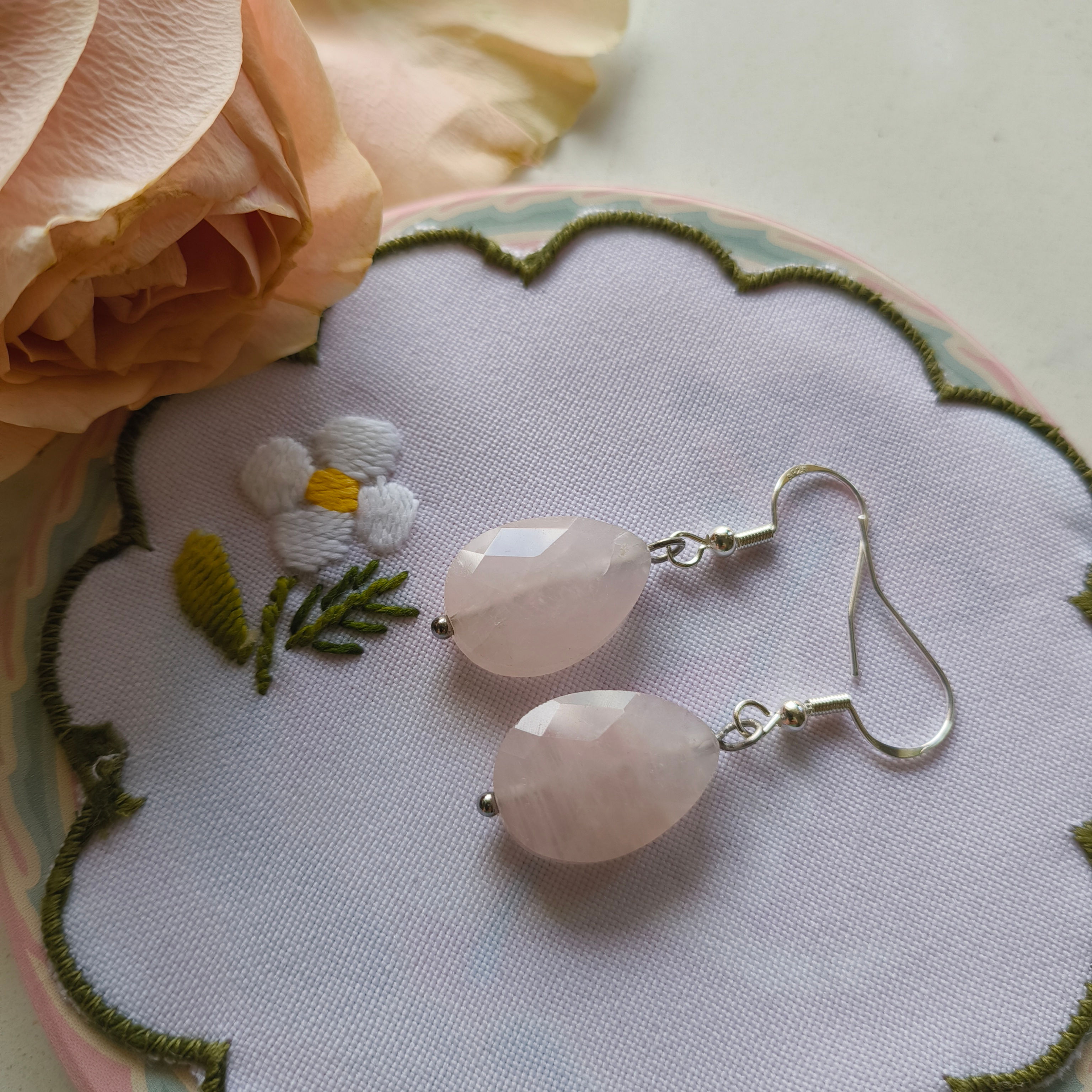 Natural Gem Rose quartz Earrings, 925 Sterling Silver