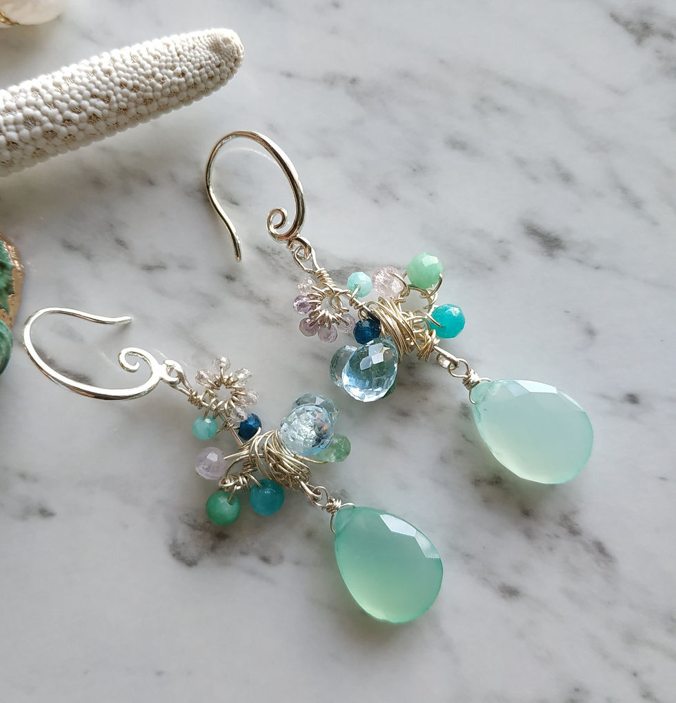 Thumbnail: Natural Blue Topaz, Aqua Chalcedony Earrings and Pendant, 925 Sterling Silver