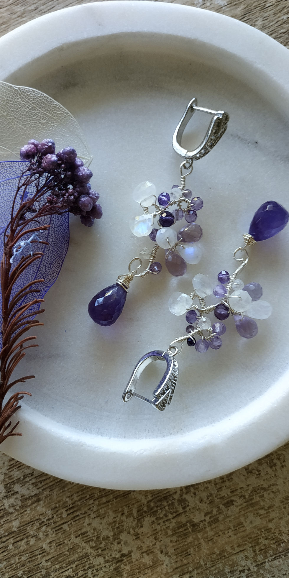 Thumbnail: Natural Gem Amethyst and Moonstone Drop Earrings, 925 Sterling Silver