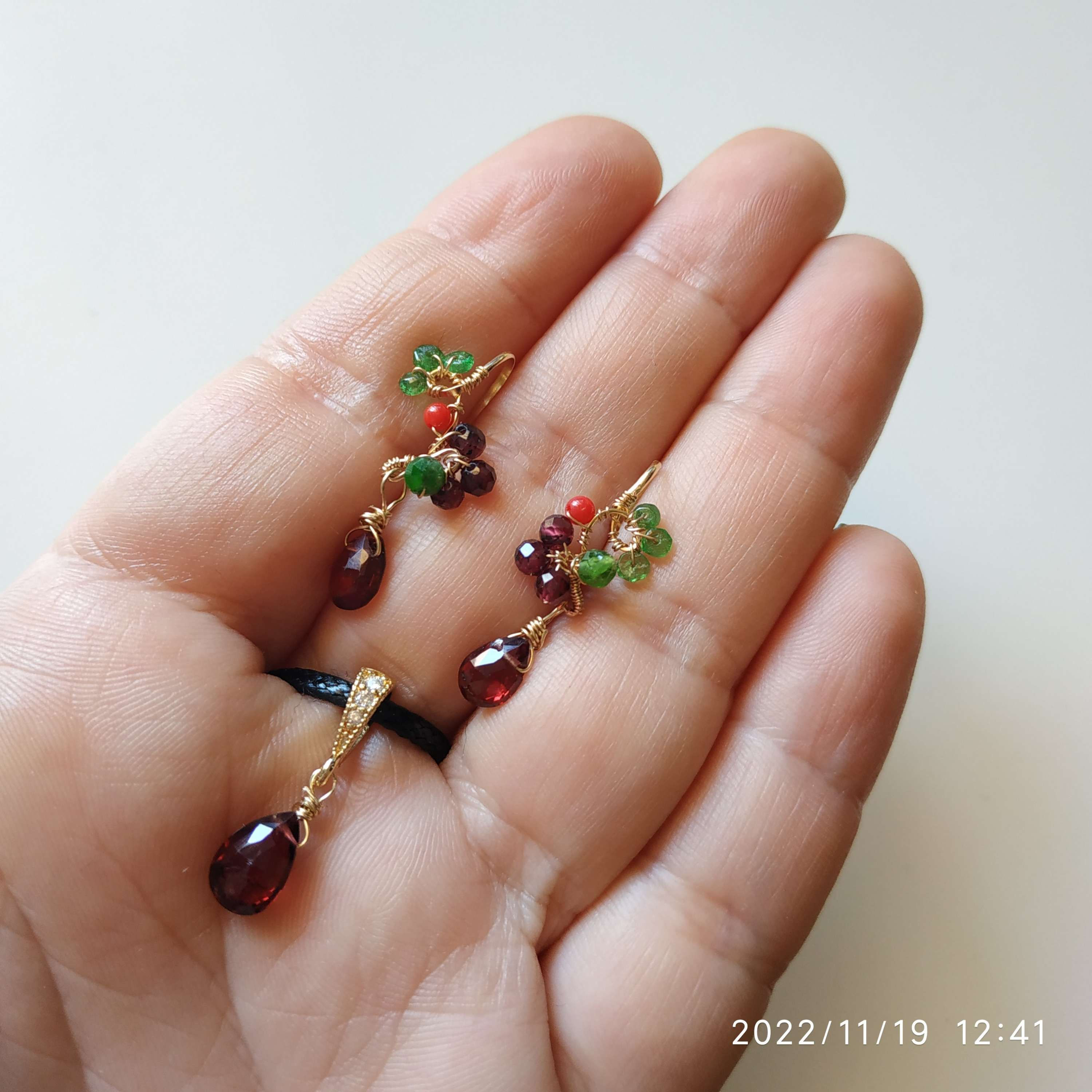 Customer order Natural Gem Chrome Tsavorite Cora Earrings& Pendant 14 K Gold F