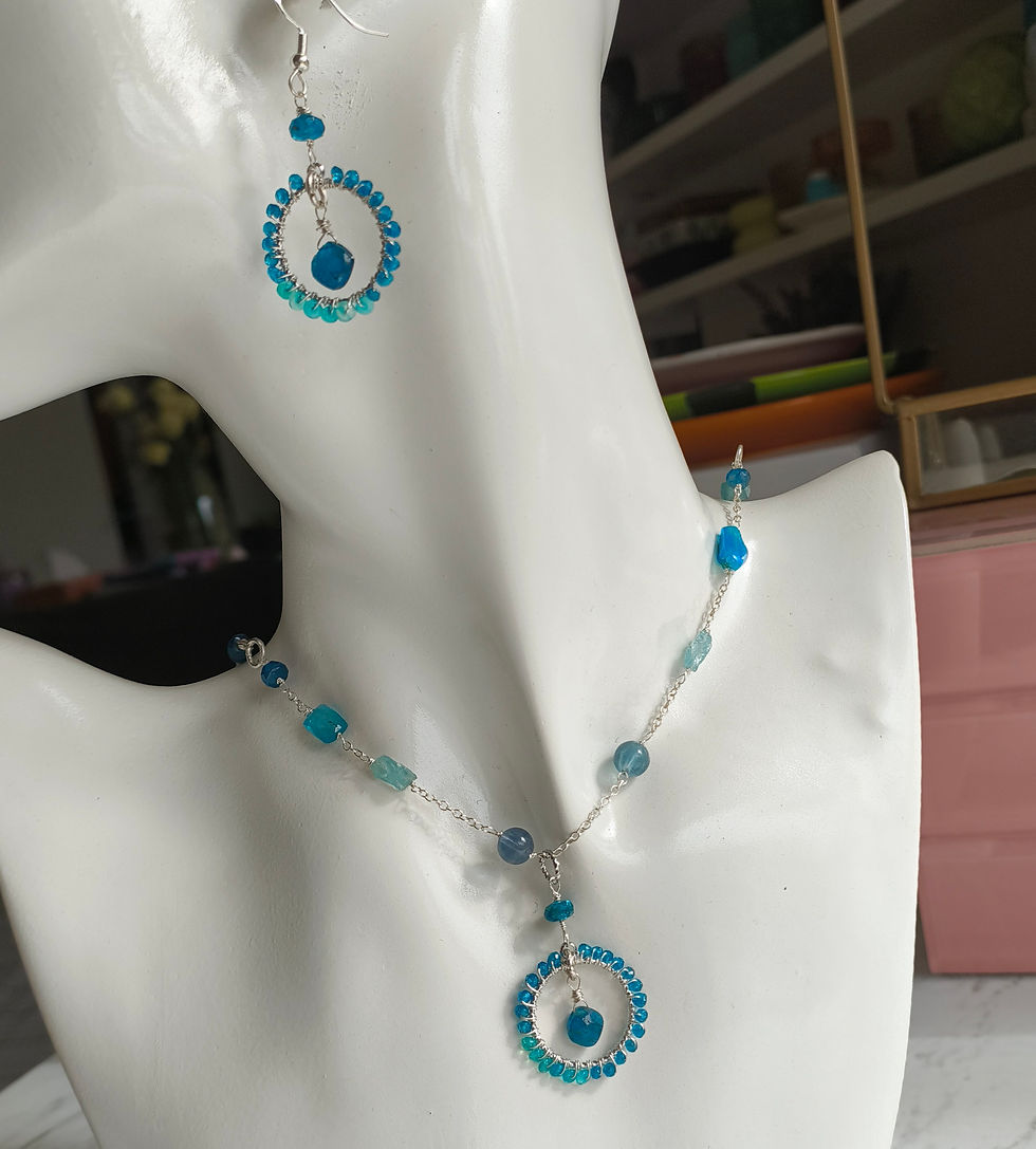 Thumbnail: Natural Gem Neon Apatite Necklace and Earrings, 925 Sterling Silver 