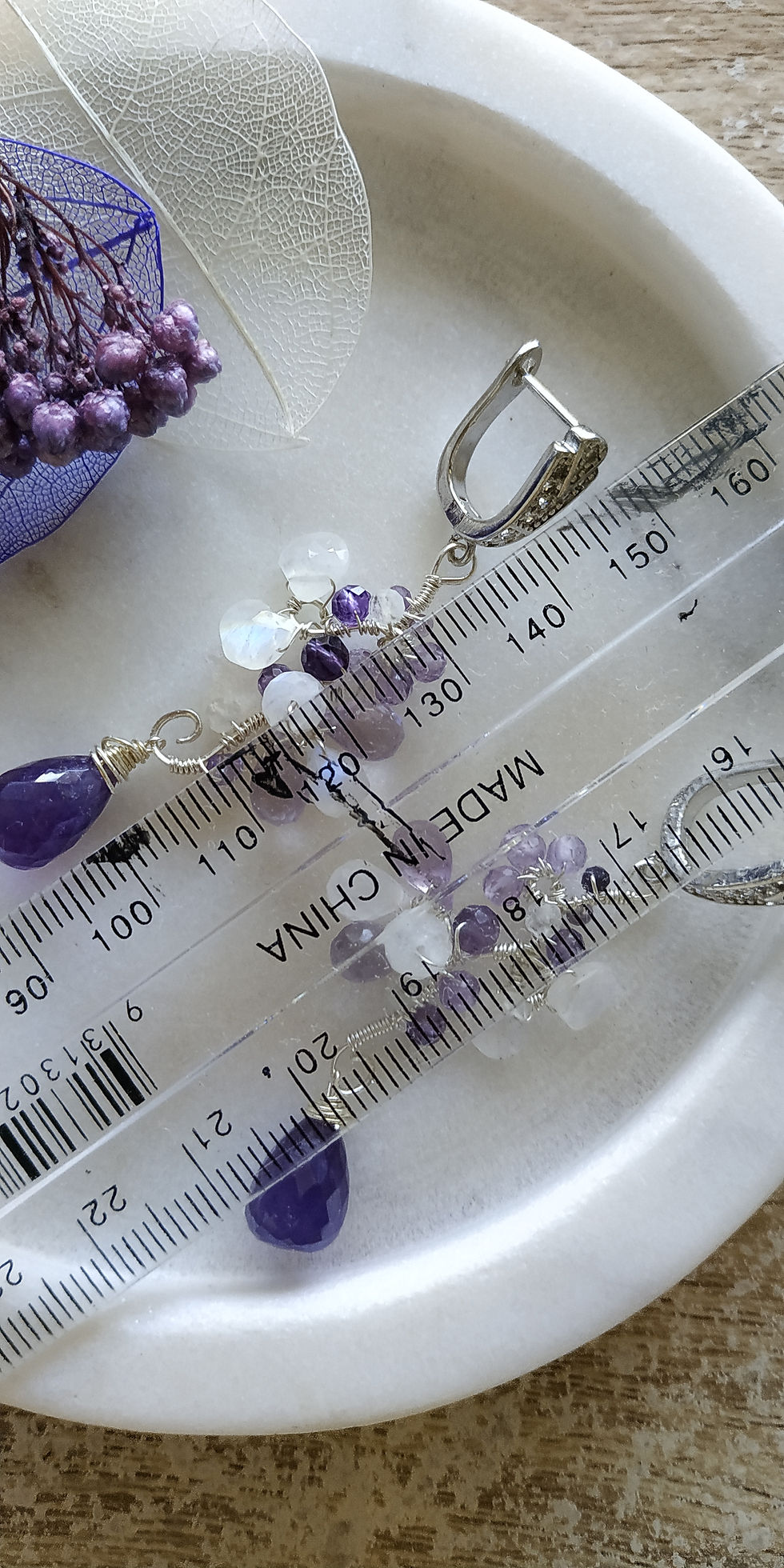 Thumbnail: Natural Gem Amethyst and Moonstone Drop Earrings, 925 Sterling Silver