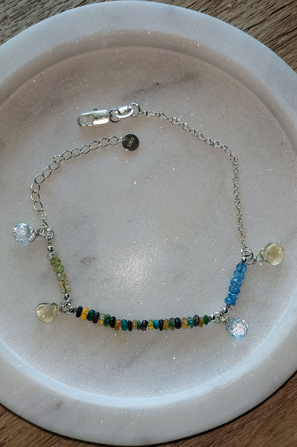 Natural Opals, Blue Topaz, Lemon Quartz Bracelet, 925 Sterling Silver