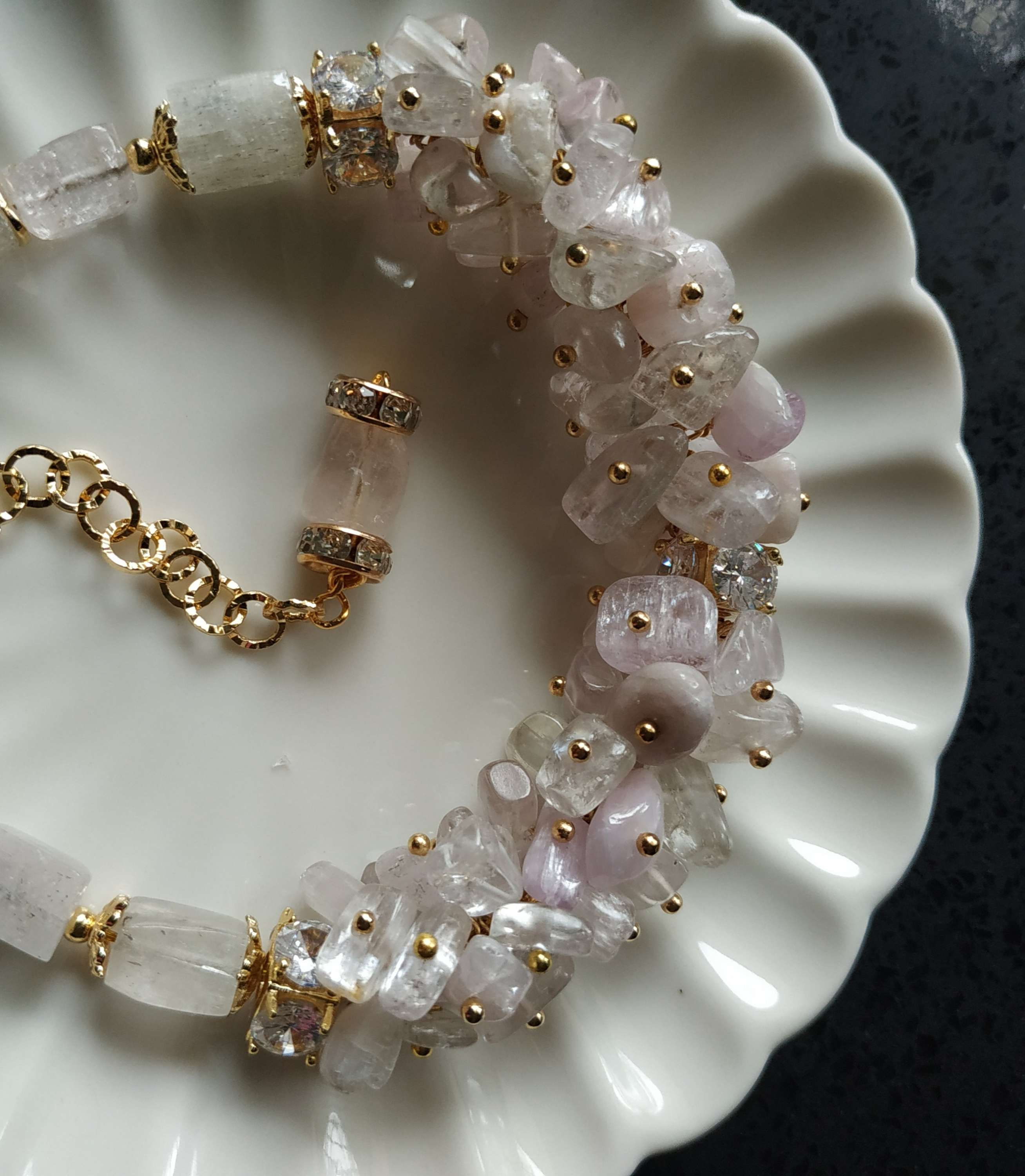Natural Gem Kunzite Bracelet, 14 k Gold Plated Brass