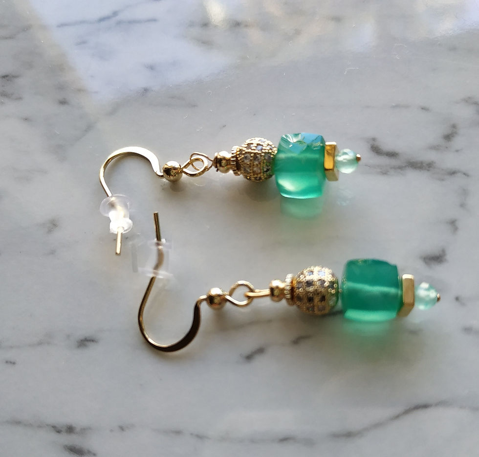 Thumbnail: Natural Gem Green Onyx Earrings 14 K Gold Plated Brass 