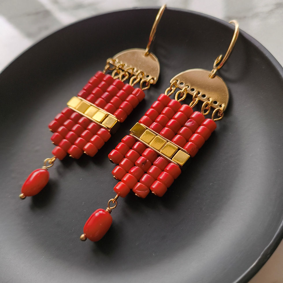 Thumbnail: Natural Gem Dyed Coral Earrings, Gold plated Brass 
