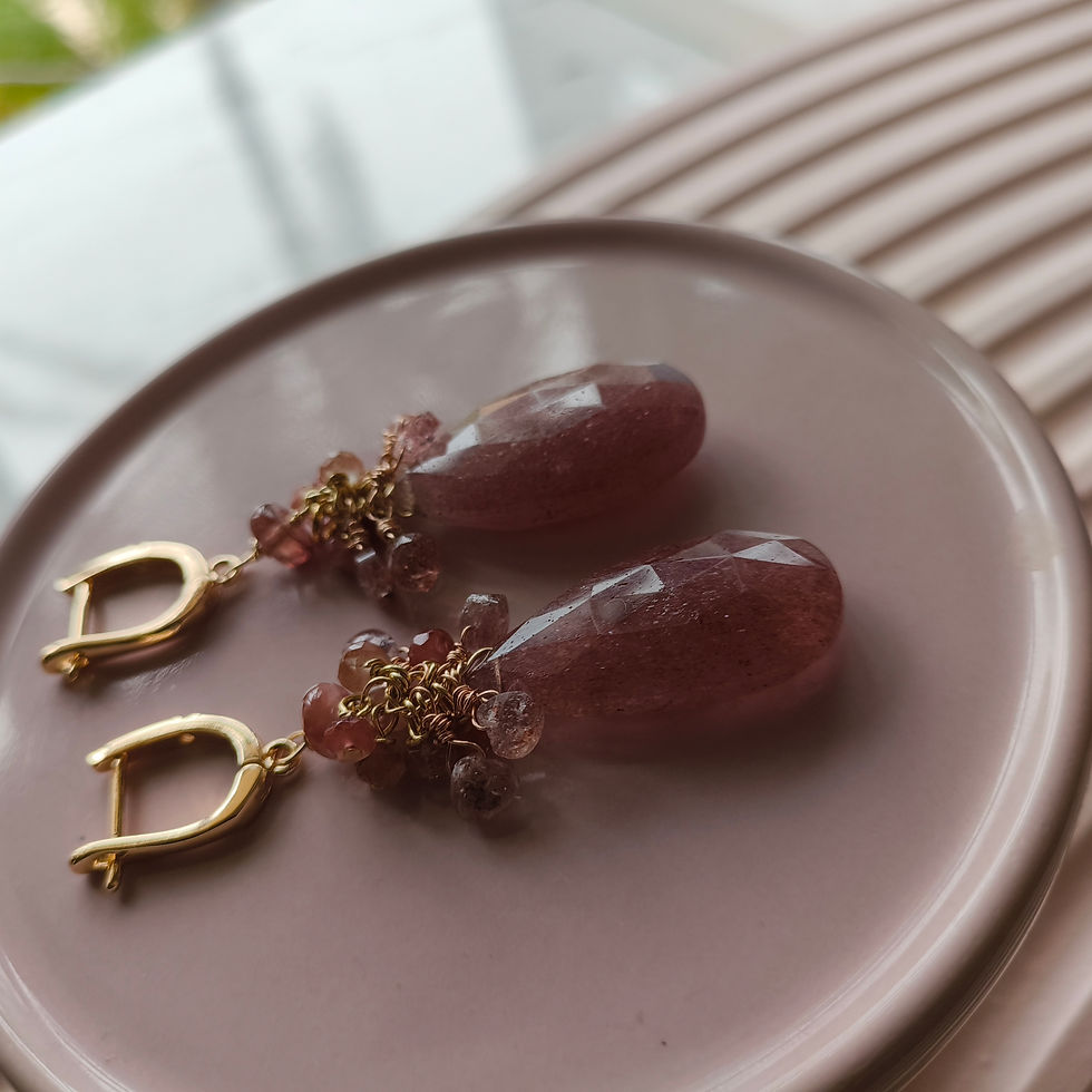 Thumbnail: Natural Gem Strawberry quartz Earrings, Gold Filled 