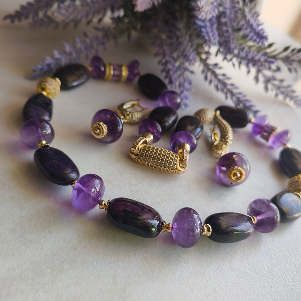 Thumbnail: Natural Gem Sugilite and Amethyst Necklace and Earrings, Gold Plated Brass 