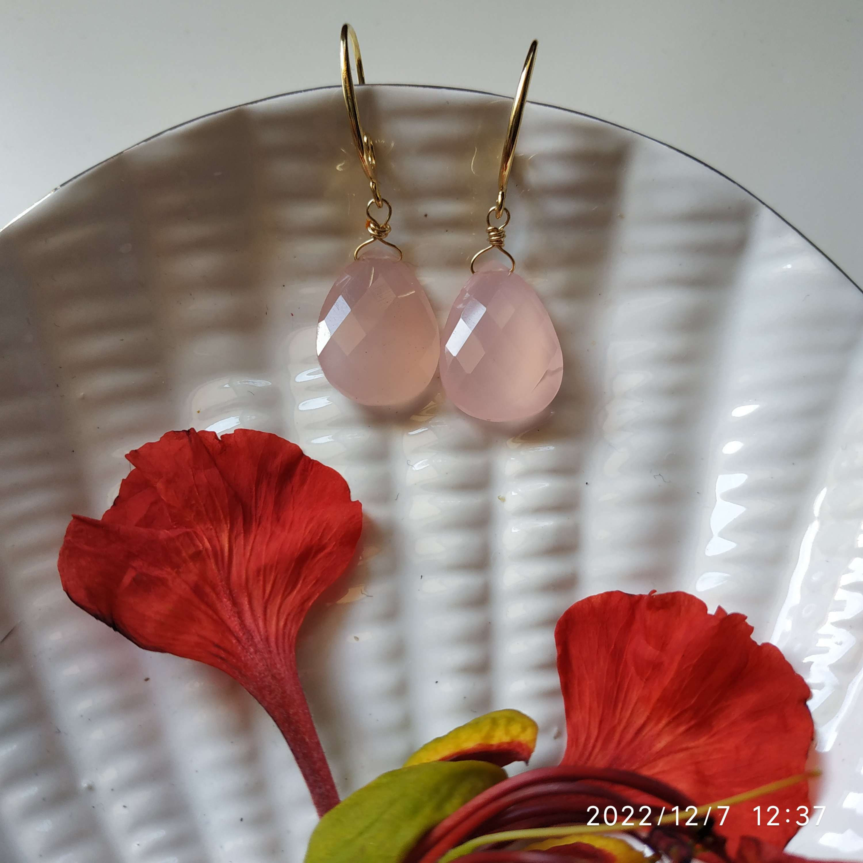 Customer order Natural Gem Pink Chalcedony Earrings 14 K Gold Plated 