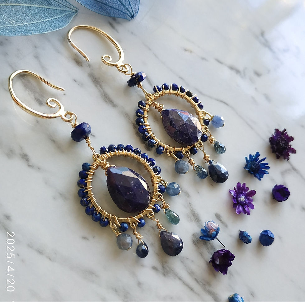 Thumbnail: Natural Gem Blue Sapphire and Lapis Lazuli Earrings, Gold Filled 