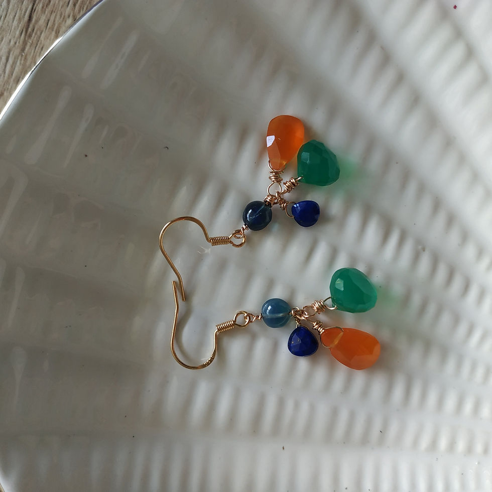 Thumbnail: Natural Gem Green Onyx, Lapis lazuli, Carnelian and Opals Earrings, 14 k Gold F