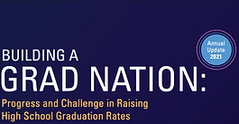 White text on purple background that reads, "Building a Grad Nation," followed by yellow text that says, "Progress and Challenge in Raising High School Graduation Rates."