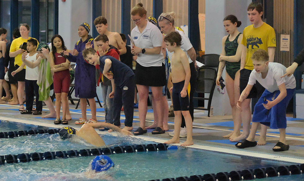 Swim teams cheer on their teammates during a breaststroke final during the 2026 Savannah Cayce Southeast Championships at Juneau's Dimond Park Aquatic Center on Sunday, April 12. (Klas Stolpe / Juneau Independent)