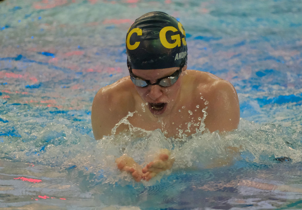 Glacier Swim Club's Keagan Andrews (15) swims in the boys 15 and over 100-yard IM finals during the 2026 Savannah Cayce Southeast Championships at Juneau's Dimond Park Aquatic Center on Sunday, April 12. (Klas Stolpe / Juneau Independent)