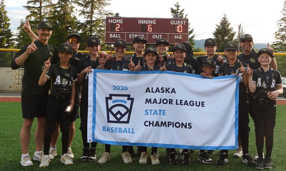Anchorage's Abbott-O-Rabbit pose with their Alaska Major League State Championship banner after defeating Juneau's Gastineau Channel Little League 10-2 in game three of their best-of-three game series at Ketchikan's Dudley Field, Monday, Aug. 3, 2026. GCLL had won 9-0 on Saturday, AOR won 12-2 on Sunday. (Photo courtesy Tom Mueller)
