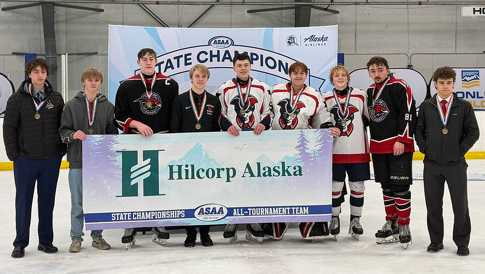 JDHS senior Elliot Welch, center, and junior Jed Davis, far right, pose with members of the All-State Tournament team selected at the 2026 ASAA DII Hockey State Championships at the MTA Events Center in Palmer on Saturday, Feb. 7, 2026. (Photo courtesy Matt Boline)