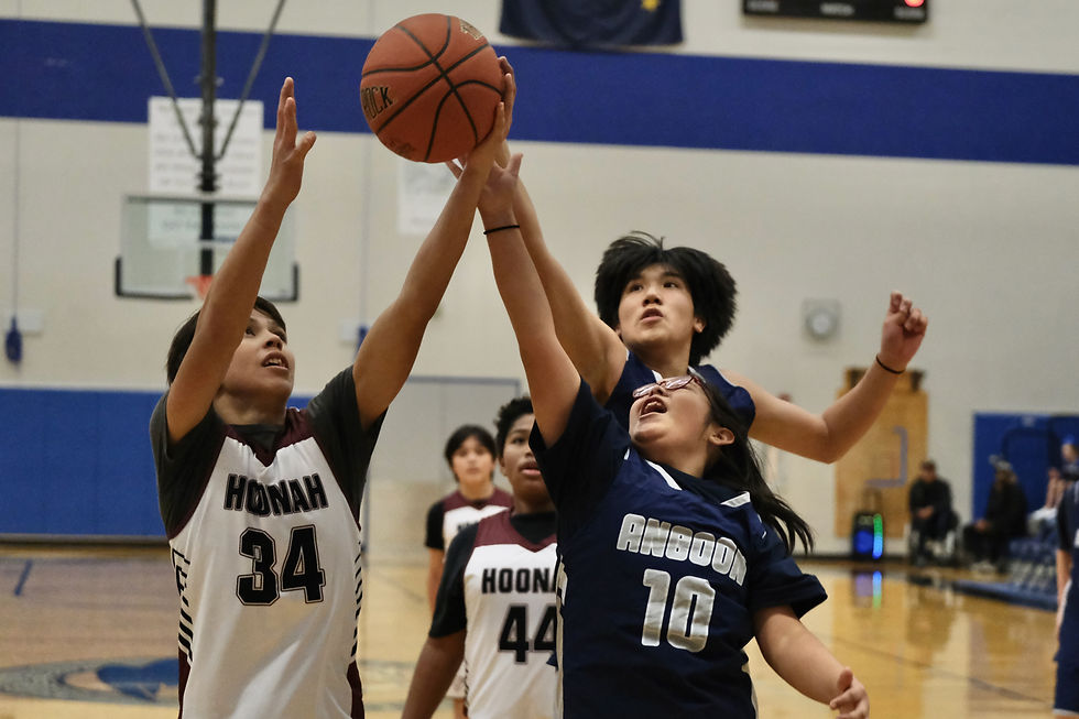 Hoonah's Kamari Lafferty (34) rebounds against Angoon's Xander Demmert-Mayo (10) and Fredrick Washington during the TMMS Icebreaker Basketball Tournament. (Klas Stolpe / Juneau Independent)