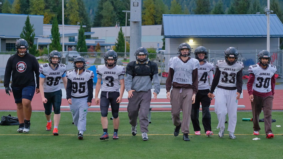 Juneau-Douglas High School: Yadaa.at Kalé football seniors, left-to-right, Isaiah Galletes-Fale, Tyler Oudekerk, Sonny Mazon, Ethan Van Kirk, Jaxin Jim, Jake Chambers, Krew Ridle, Avei Tuvaifale and Johnny Hunter will be celebrated at 2:30 p.m. Saturday, Oct. 3, 2026, on the Adair-Kennedy Memorial Park field before the Crimson Bears game against the Bartlett Golden Bears. (Klas Stolpe / Juneau Independent)