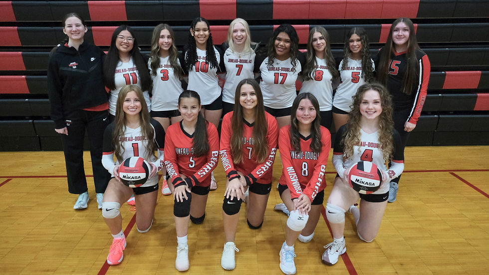 The Juneau-Douglas High School: Yadaa.at Kalé Crimson Bears volleyball seniors are, front row, left-to-right, June Troxel (1), Taylor Petrie (5), Regan Salisbury (7), Kristyanna Lohrey (8) and Macy Summers (4). Back row, L-R, Aylin Wolter (stats manager), Faith Contreras (11), Brianna Powers (3), Analia Perry (10), Haley Gilbert (7), Liliane Veikoso (17), Clairee Overson (8), Leila Cooper (5), and Cassandra Chenoweth (15). The Crimson Bears open their 2026-27 season against the Sitka Wolves on Friday (JV 5 p.m., V 6 p.m) and Saturday (Crimson/C-Team scrimmage 2:30 p.m., JV 4 p.m., V 5 p.m.), Aug. 21-22, at the George Houston Gymnasium. (Klas Stolpe / Juneau Independent)