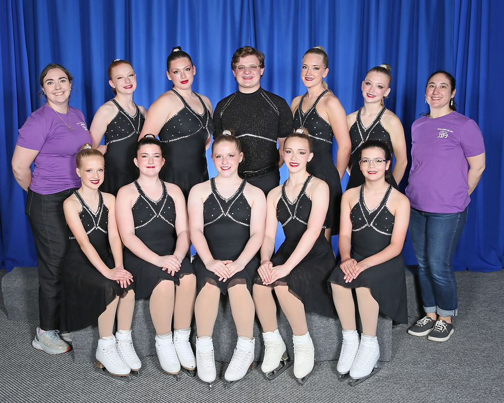 Juneau Skating Club's Team Forget-Me-Not are shown at the Synchro Fall Classic competition in Irvine, California, in November 2025. They are, back row, left to right, Assistant Coach Emily Bowman, Aoibhínn Reetz, Paige Kirsch, Sam Lagerquist, Ellis Gottschlich, Mia Hollingsworth and Head Coach Leah Farzin. Front row are Elaine Duvall, Maggie Sill, Avery Lingle, Laura Parker and Canon Cryderma. The team will perform during the club's spring showcase, entitled "Skating Through Wonderland," on Friday and Saturday, April 17-18, 2026, at Treadwell Ice Arena. (Photo courtesy Juneau Skating Club)