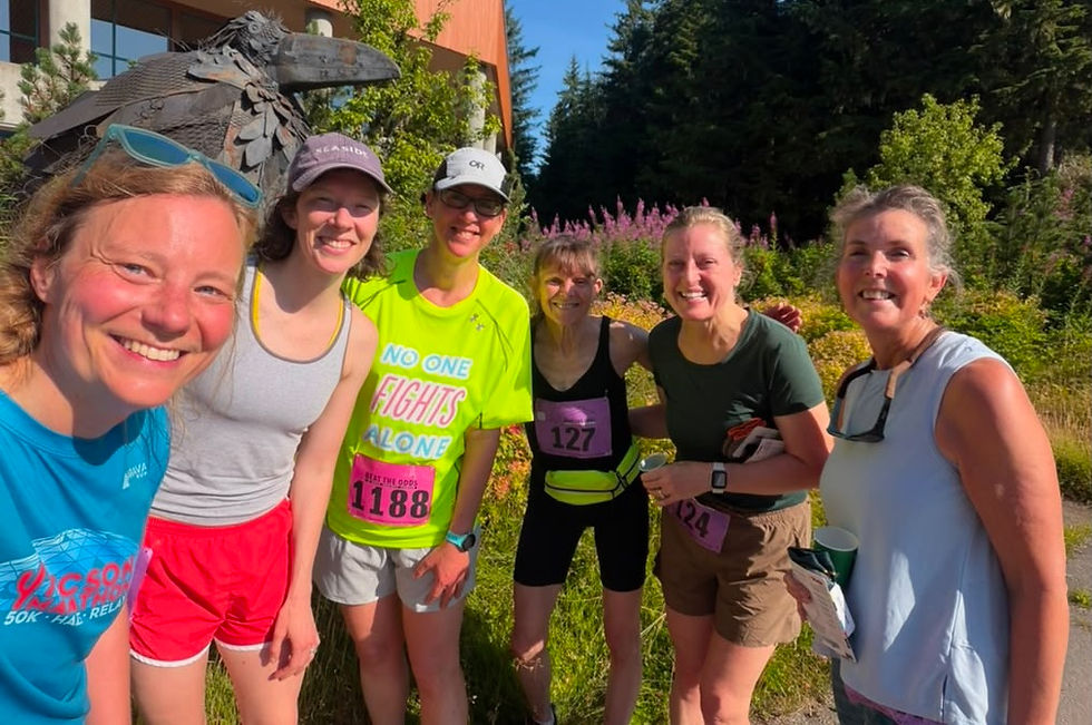 Beat The Odds runners Heather Parker, Olivia Glasscock, Becky Bohrer, Mel Millard, Kristin McTague and Marsha Squires pose after finishing the 5K cancer race at the University of Alaska Southeast on Saturday, Aug. 15, 2026. (Photo courtesy Heather Parker)